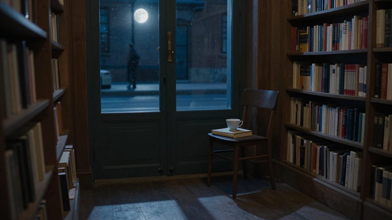 An empty bookstore at night, a teacup and book left on a chair under moonlight.