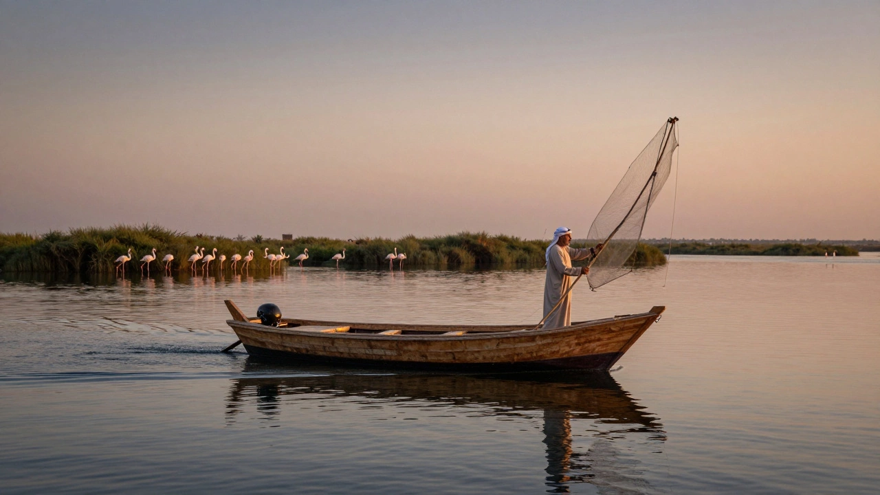 Dhow boat on Dubai Creek at dusk with flamingos in the distance and no city lights in sight.