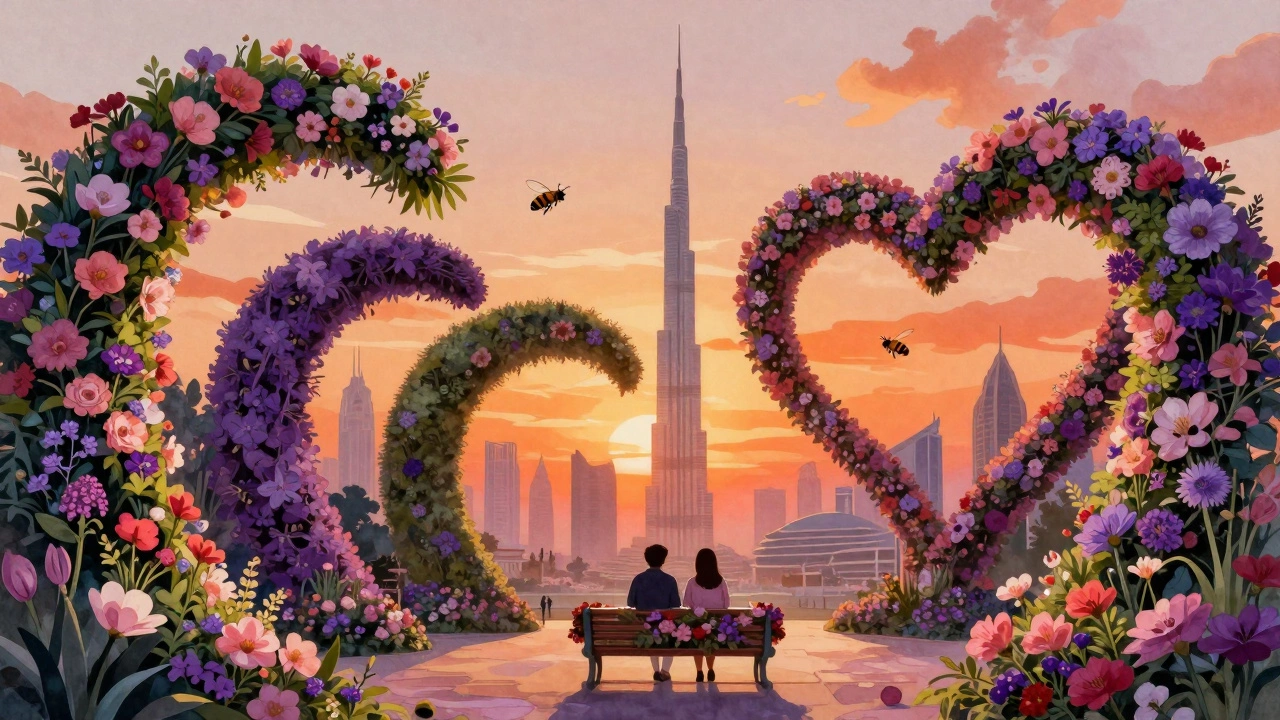 Dubai Miracle Garden at sunset with flower arches, heart tunnel, and couple on a floral bench.