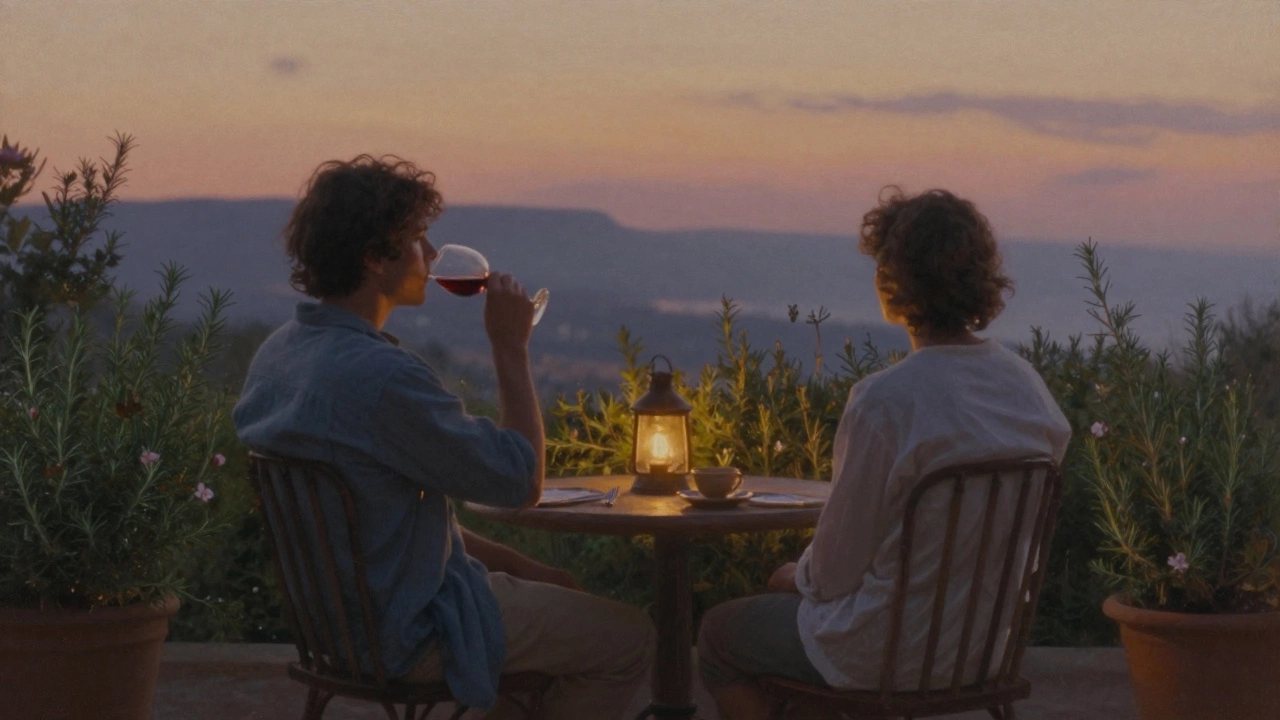 Two figures sit silently on a terrace overlooking the Calanques at sunset, sharing quiet companionship.